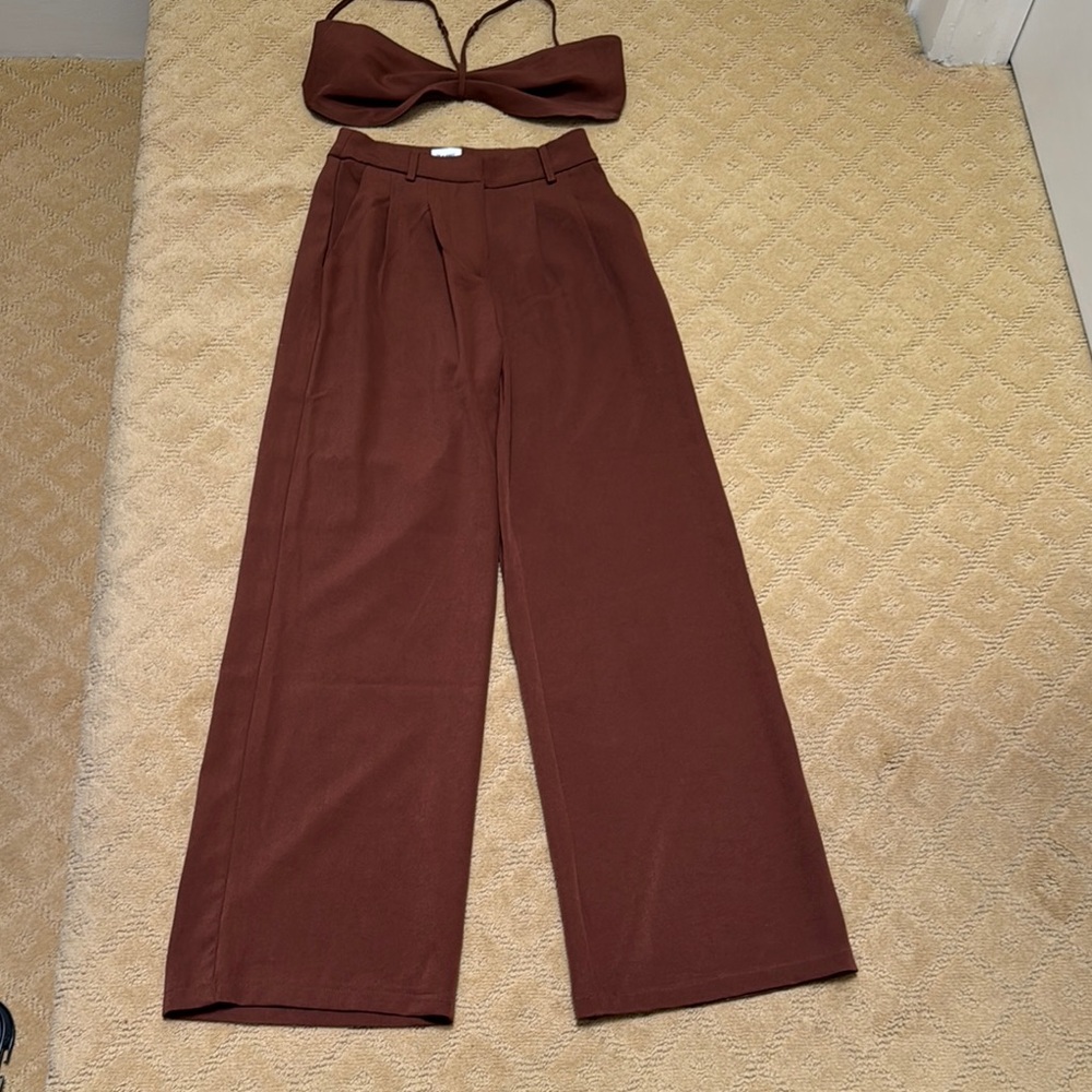 Princess Polly Brown Wide Leg Pants Set with Bandeau Top